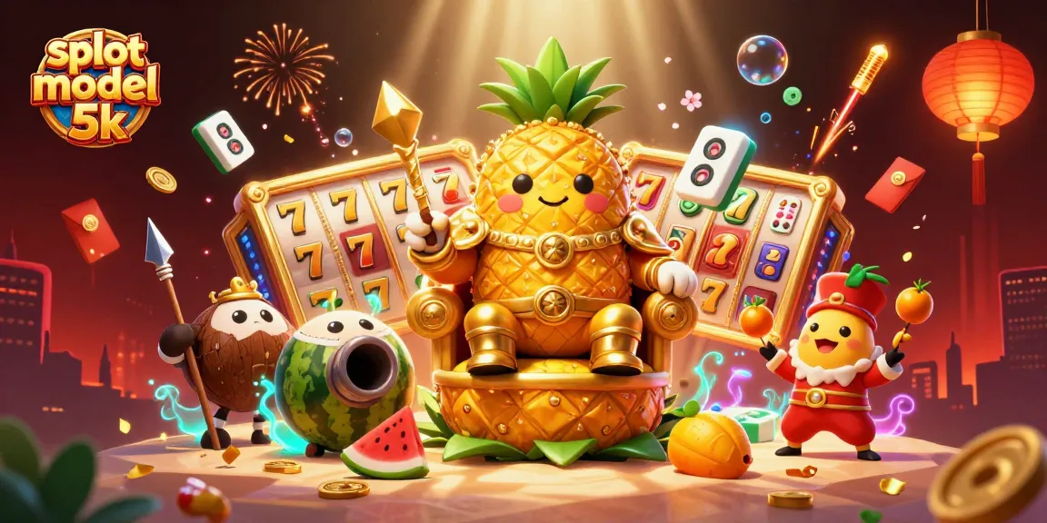 Engage with slot modal 5k showcasing vibrant casino fun with golden characters and festive elements.