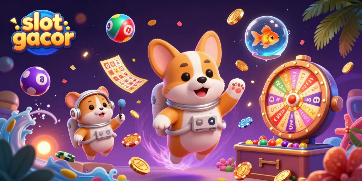 Slot gacor meriah dengan corgi astronot di kasino luar angkasa, penuh uang dan bola lotere.