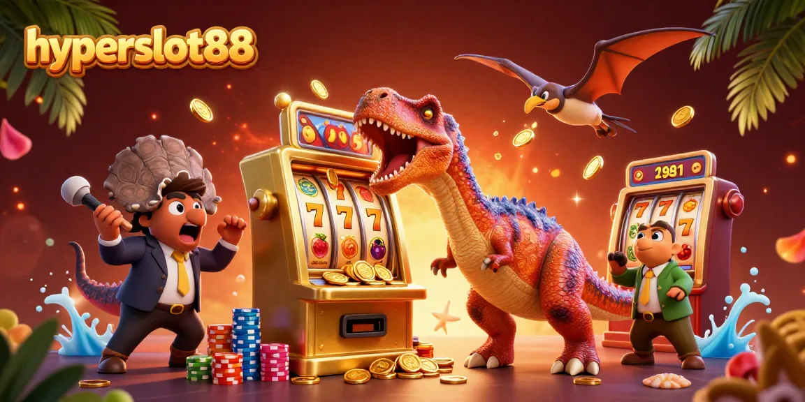 Experience big wins at hyperslot88 with a dynamic scene of cartoon dinosaurs and golden slots!