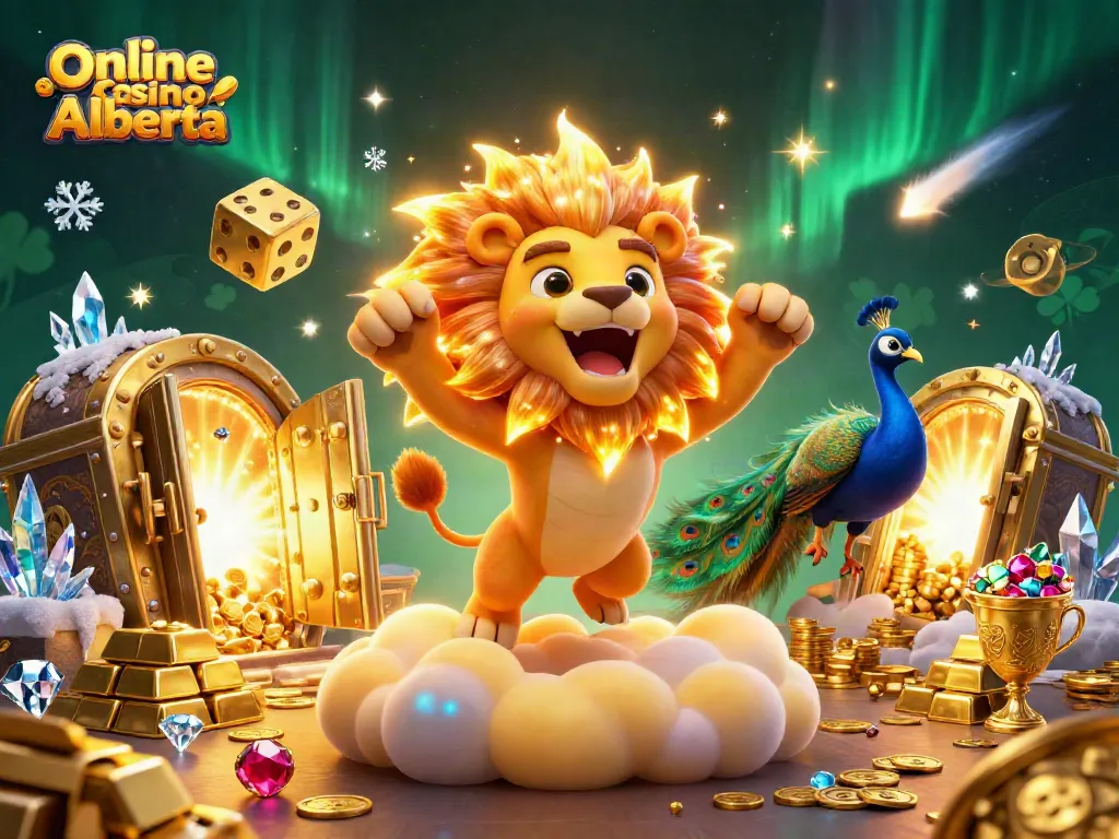 Experience the thrill of Online Casino Alberta with vibrant 3D elements showcasing golden treasures and excitement.