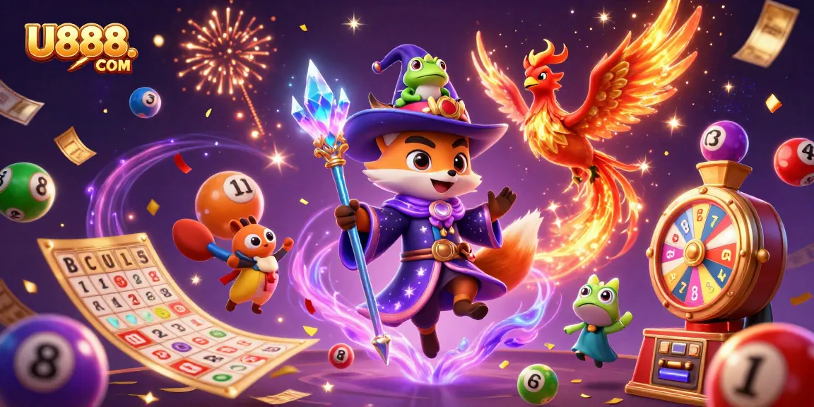 Experience thrilling gaming with U888. COM showcased in a vivid 3D casino illustration featuring magical characters.