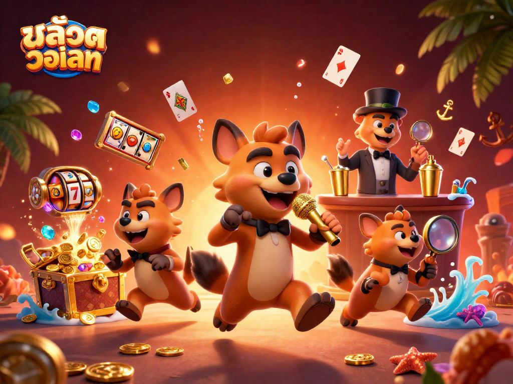 Spin the reels with สล็อตวอเลท at a lively hyena comedy casino club, featuring gold coins and vibrant gems.