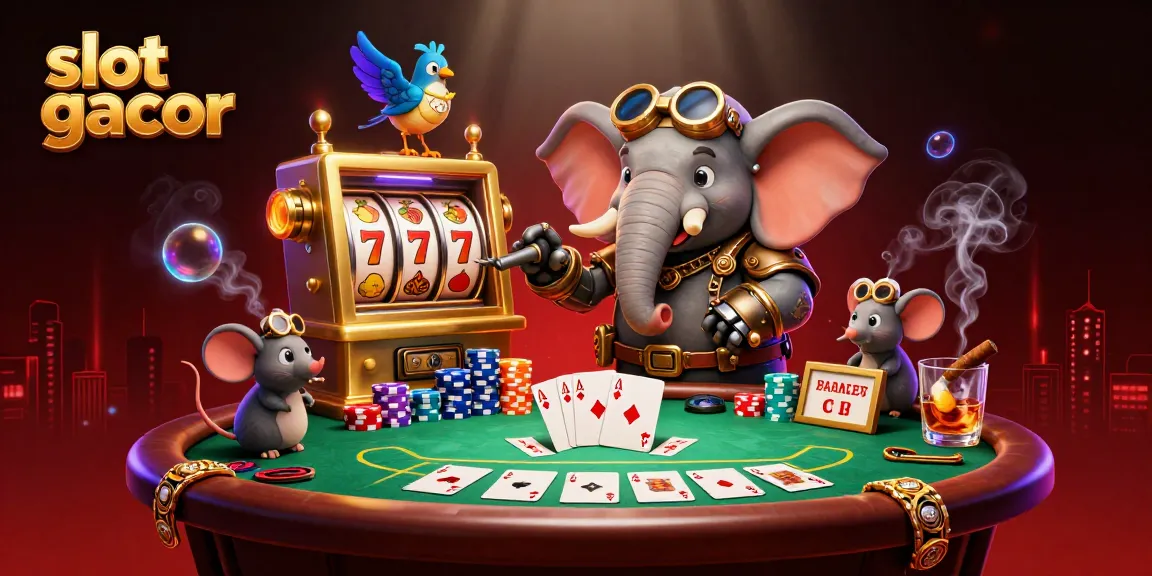 Slot gacor menarik perhatian dengan mesin slot emas dan karakter kartun 3D dalam suasana kasino yang meriah.
