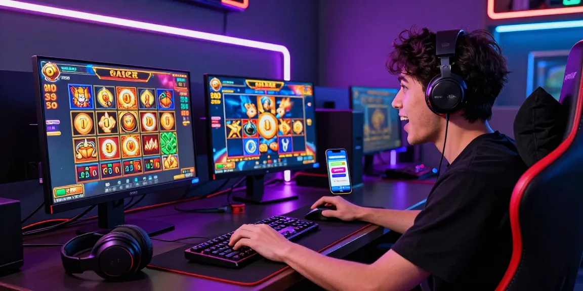 Pemain menang dalam slot gacor dengan laptop dan aplikasi Heroslot88 di meja gaming.