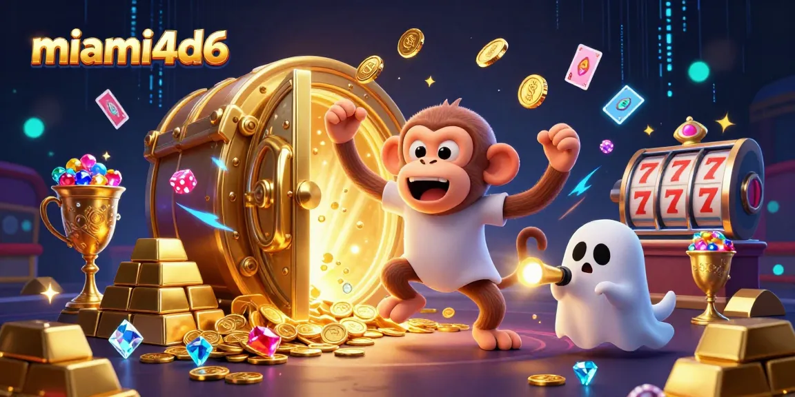 Experience thrilling wins with miami4d6 in this vibrant 3D casino illustration featuring a mischievous poltergeist monkey.