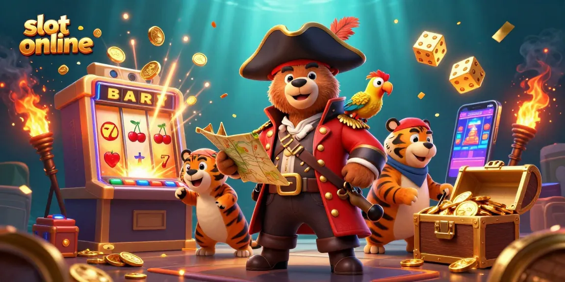 Bermain slot online dengan mesin slot yang meledak, petualangan beruang bajak laut dan harimau, dikelilingi koin emas.