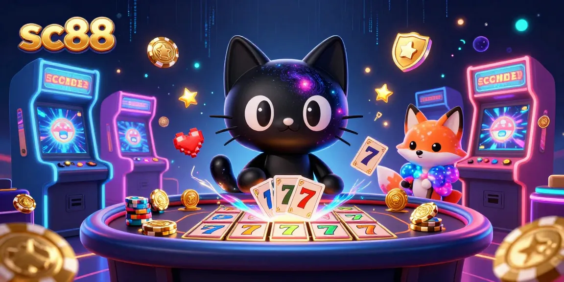 Join the cosmic fun at sc88's vibrant online casino, featuring a black hole cat and nebula fox amidst colorful gaming elements.