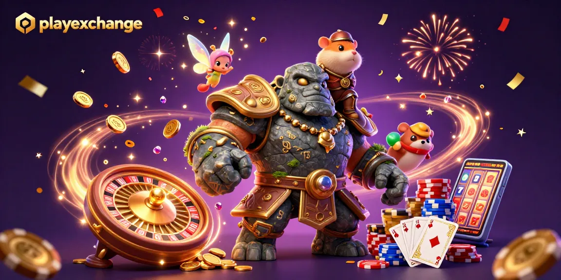 Experience thrilling gaming action with Playexchange through this vibrant 3D illustration showcasing excitement and bonuses.