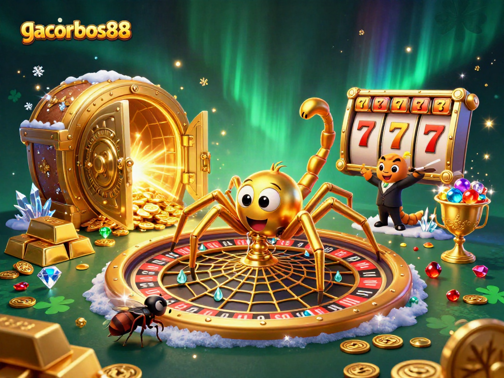 Spin the roulette with gacorbos88 as the golden spider hosts an exciting gaming scene full of treasures and luck.