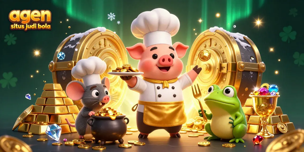 Engage with top agen situs judi bola through a vibrant 3D casino scene featuring characters and treasures.