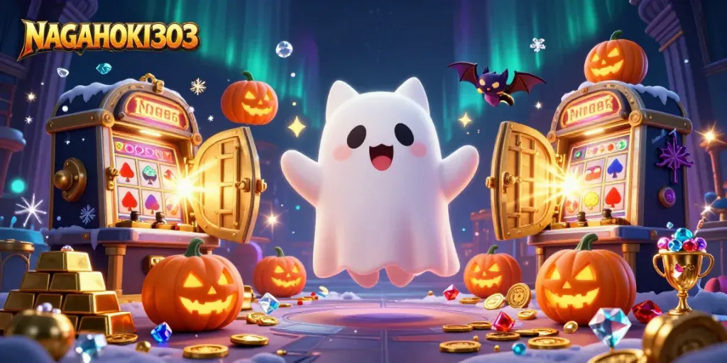 NAGAHOKI303 menampilkan kucing hantu kartun ramah melayang di kasino berhantu yang dikelilingi oleh koin emas dan harta karun