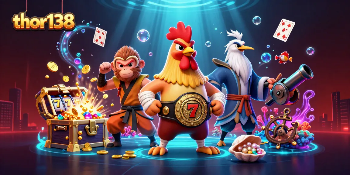 Permainan slot menarik dengan Thor138 dan karakter unik dalam ilustrasi cerah.