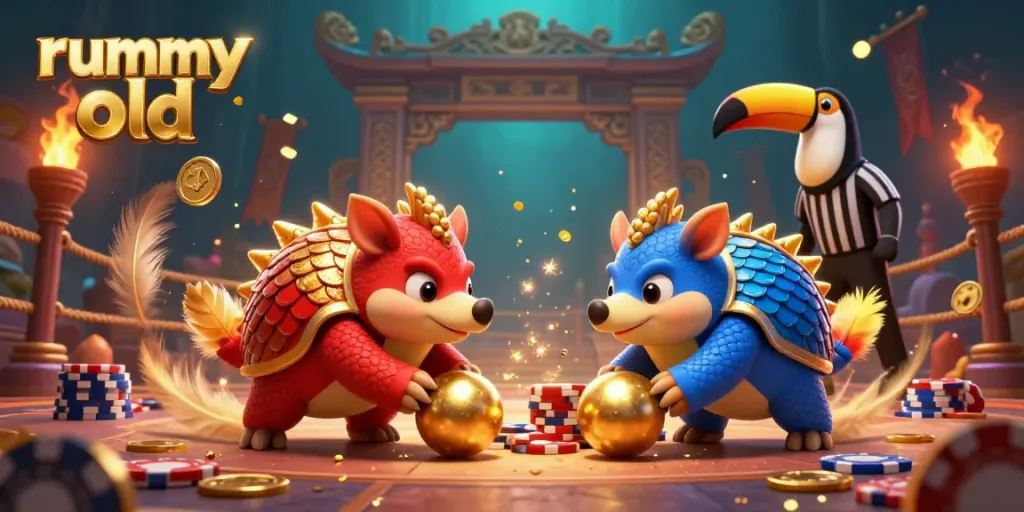 Rummy Old showcases rival pangolins in a dynamic casino scene, bowling through poker chips.