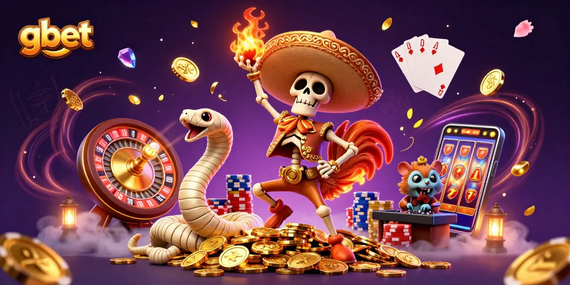 Experience gbet’s excitement with a vibrant 3D illustration of casino elements, showcasing a festive atmosphere.