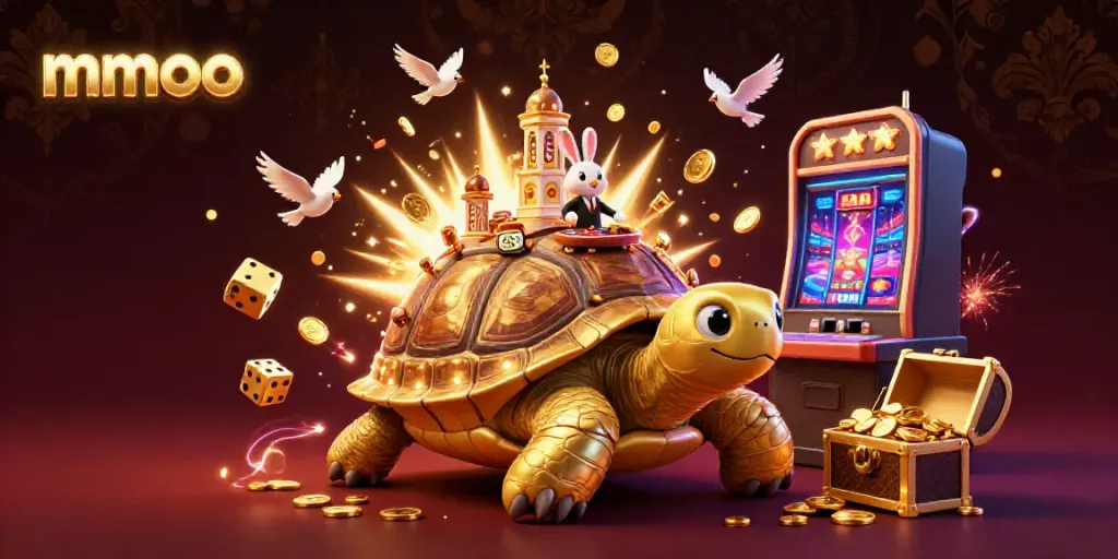 Experience mmoo's vibrant casino scene with cartoon tortoise, gold coins, and dynamic slot elements.
