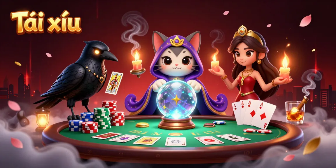 Experience Tài xỉu in a vibrant 3D scene with fortune tellers and poker elements, promoting the allure of gambling.
