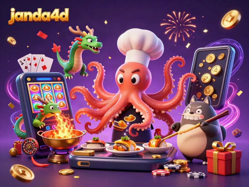 Ilustrasi 3D janda4d menunjukkan koki gurita menyiapkan hidangan emas dan naga hijau yang mengeluarkan api.