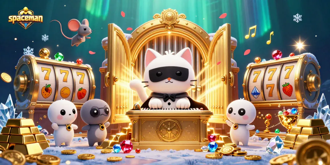 Spin to win with Spaceman at the vibrant casino, featuring a whimsical cat and dazzling treasures.