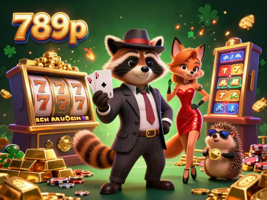 Experience thrilling wins with 789p as a stylish raccoon, fox, and hedgehog enjoy a buzzing casino atmosphere.