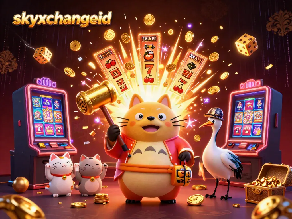 Engage with skyxchangeid and win big with vibrant casino games in a colorful digital illustration.