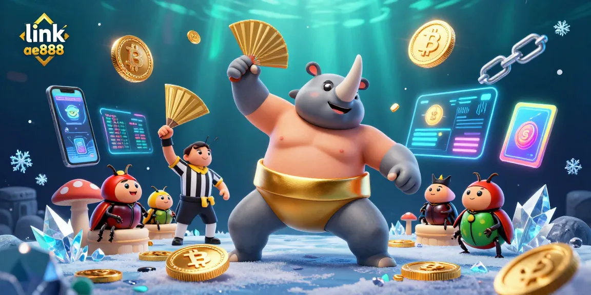 Engage with the exciting action of link ae888 as a sumo beetle champion celebrates winning coins amidst a vibrant casino scene.