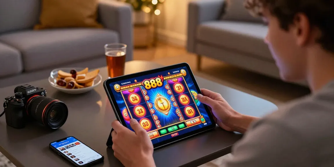 Pengguna menikmati permainan slot88 di tablet dalam suasana santai dengan makanan ringan dan minuman.