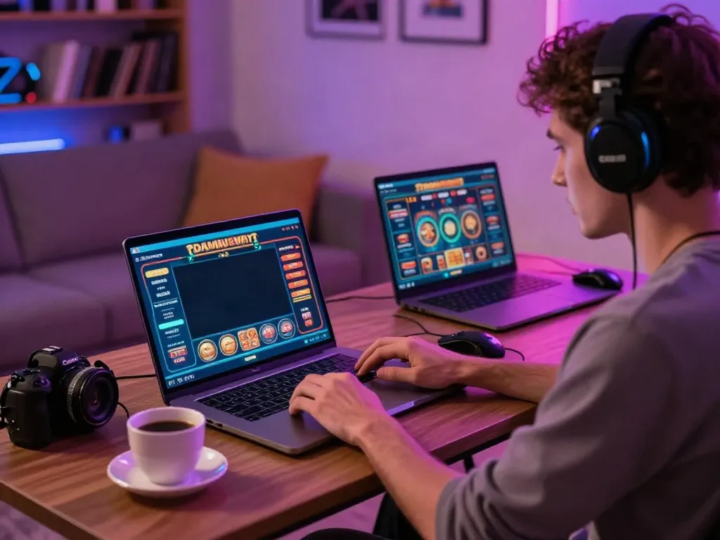 Player immersed in akunjp online gambling experience on laptop.