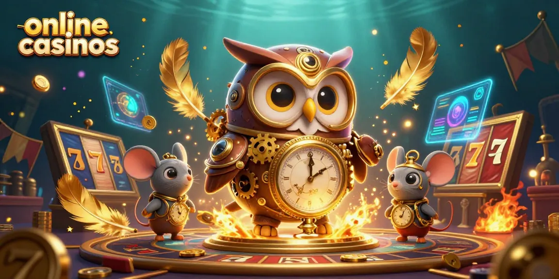 Engage with online casinos in a lively casino scene featuring steampunk characters and vibrant game elements.