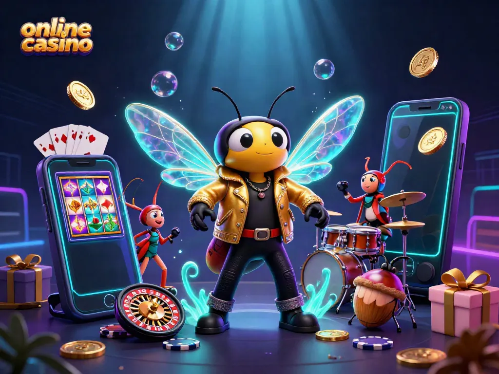 Experience the vibrant energy of an online casino with unique characters and gaming elements.
