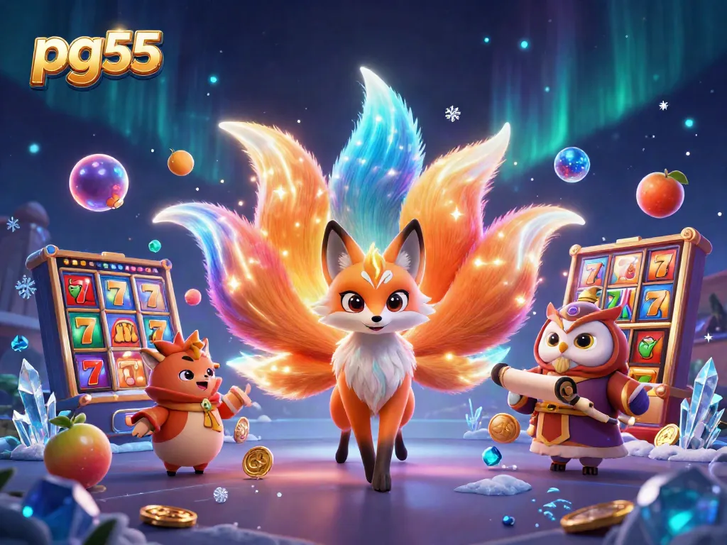 Experience excitement at pg55 with a vibrant scene of a nine-tailed fox and wise owl amidst lively slots and sparkling coins.
