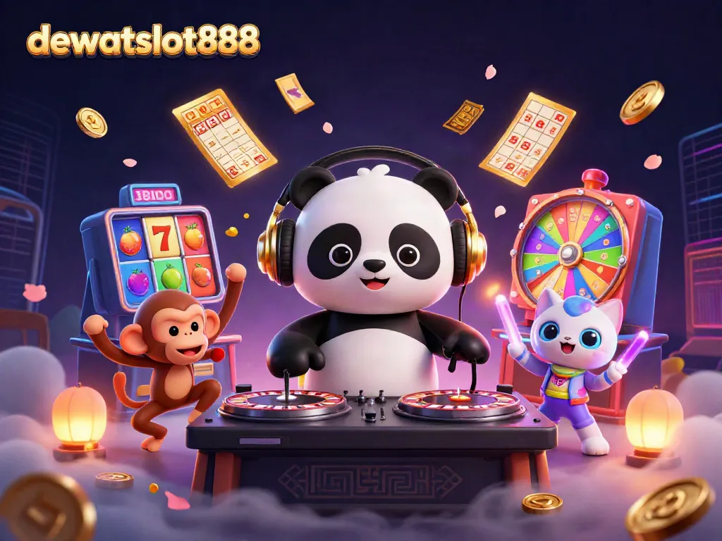 Permainan menggembirakan di dewataslot888 dengan DJ panda, monyet breakdance, dan kucing bersinar.