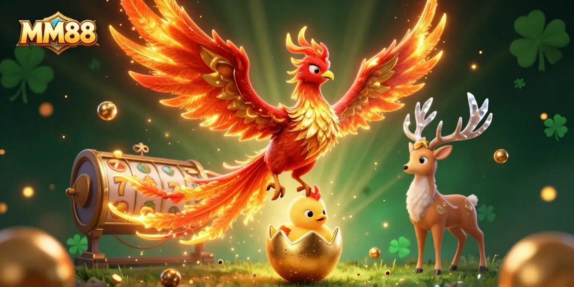 MM88 showcases thrilling slots with a fire phoenix and baby phoenix in a golden ambiance.