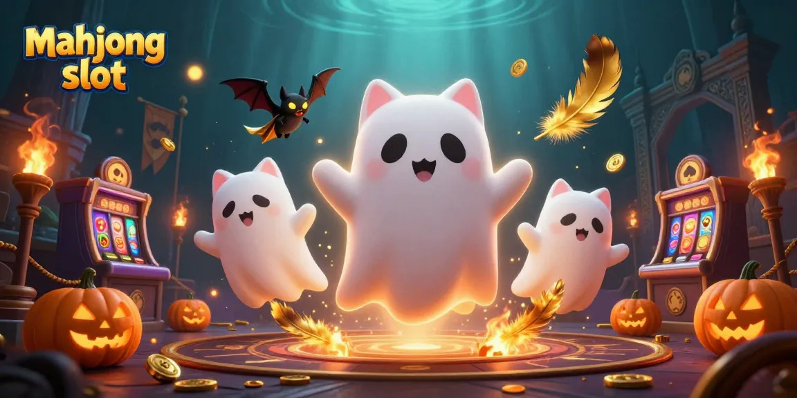 Engage with the mahjong slot experience featuring a ghost cat and vampire bat in vibrant casino ambiance.