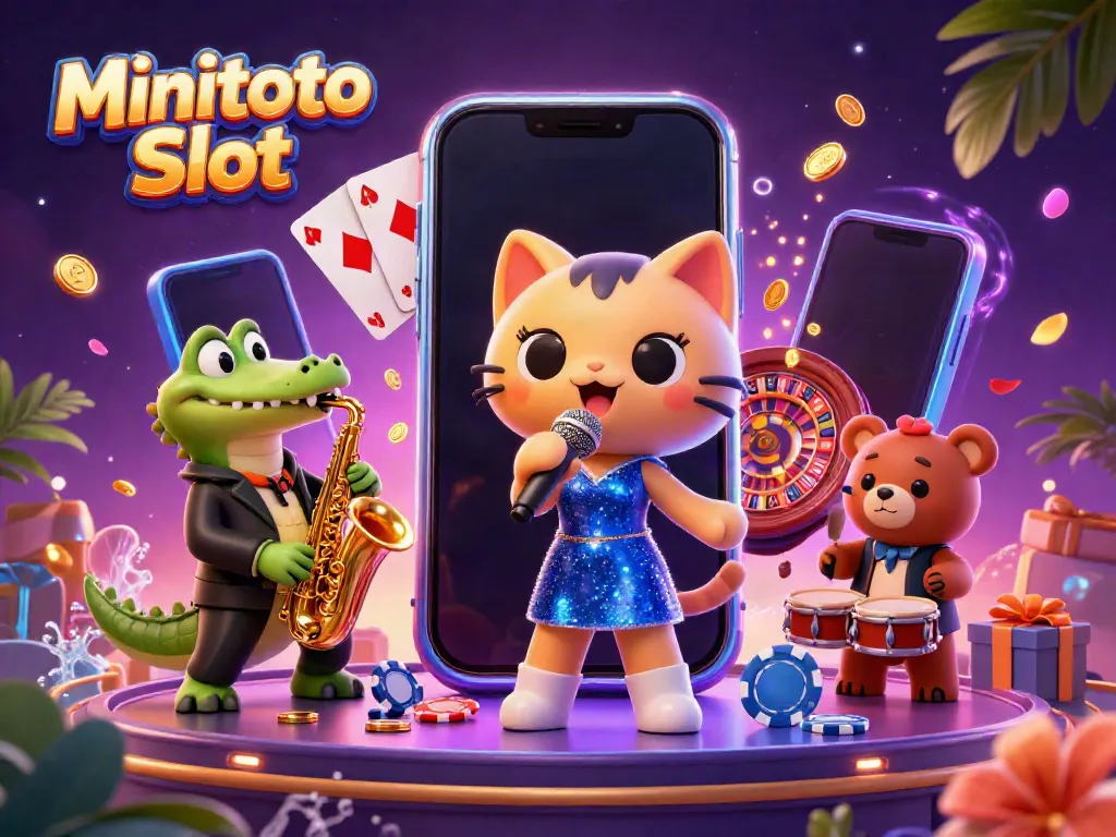 Ilustrasi 3D Minitoto Slot menunjukkan kucing penyanyi jazz, buaya, dan beruang di panggung kasino.