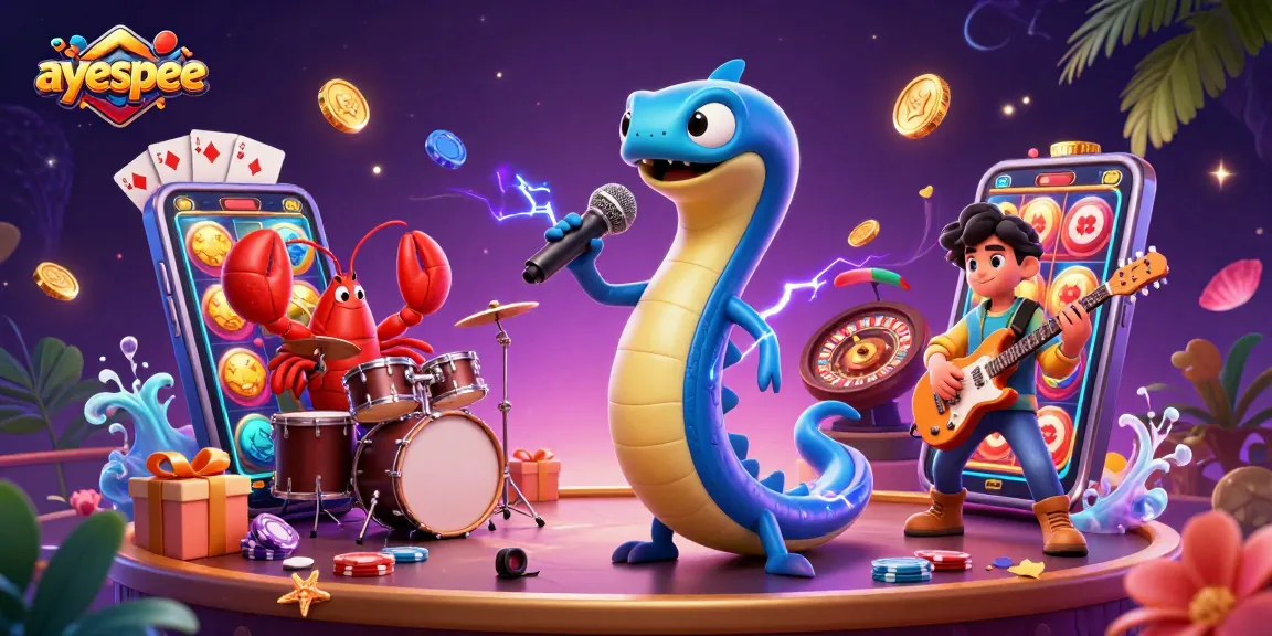 Aysepee menampilkan ilustrasi kartun 3D dengan ikan belut DJ dan band saat bermain game slot online.