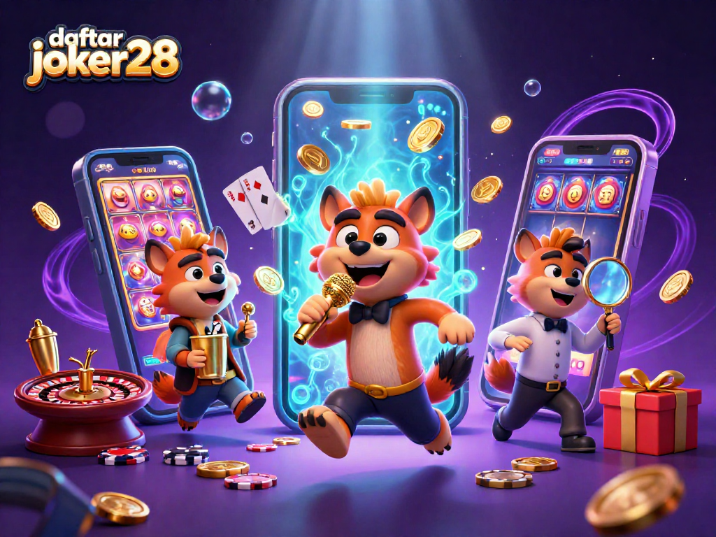 Daftar joker28 dengan tampilan permainan menarik dan karakter kasino yang penuh warna.