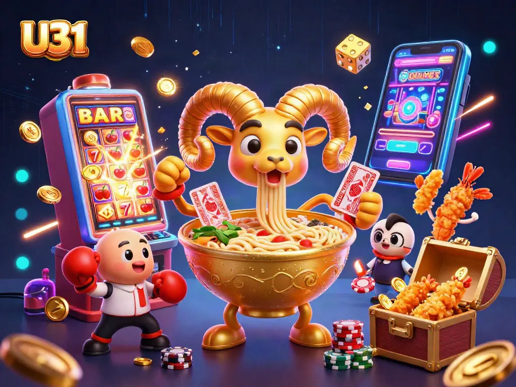 Engage with U31's vibrant gaming scene featuring a golden ramen bowl and festive casino elements.