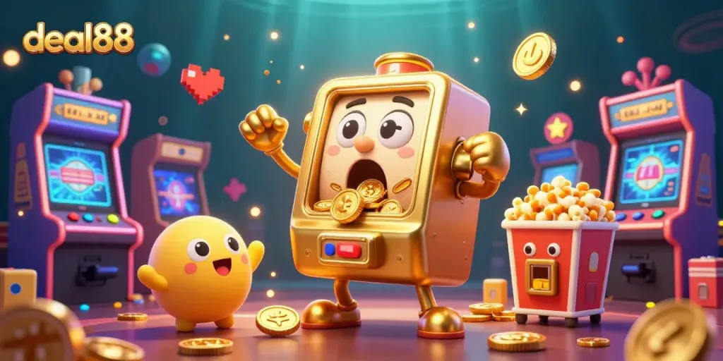 dealing with vibrant casino excitement at deal88 as cartoon slot machines celebrate a jackpot.
