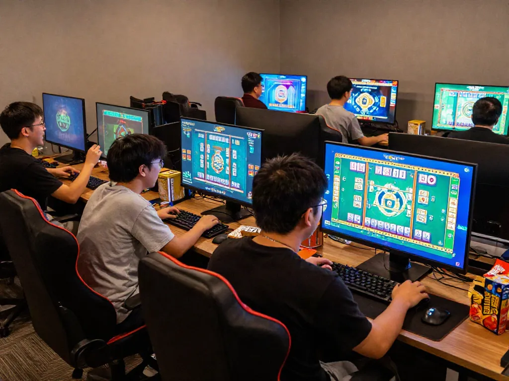 Permainan slot mahjong yang menarik di ruang gaming yang ceria.