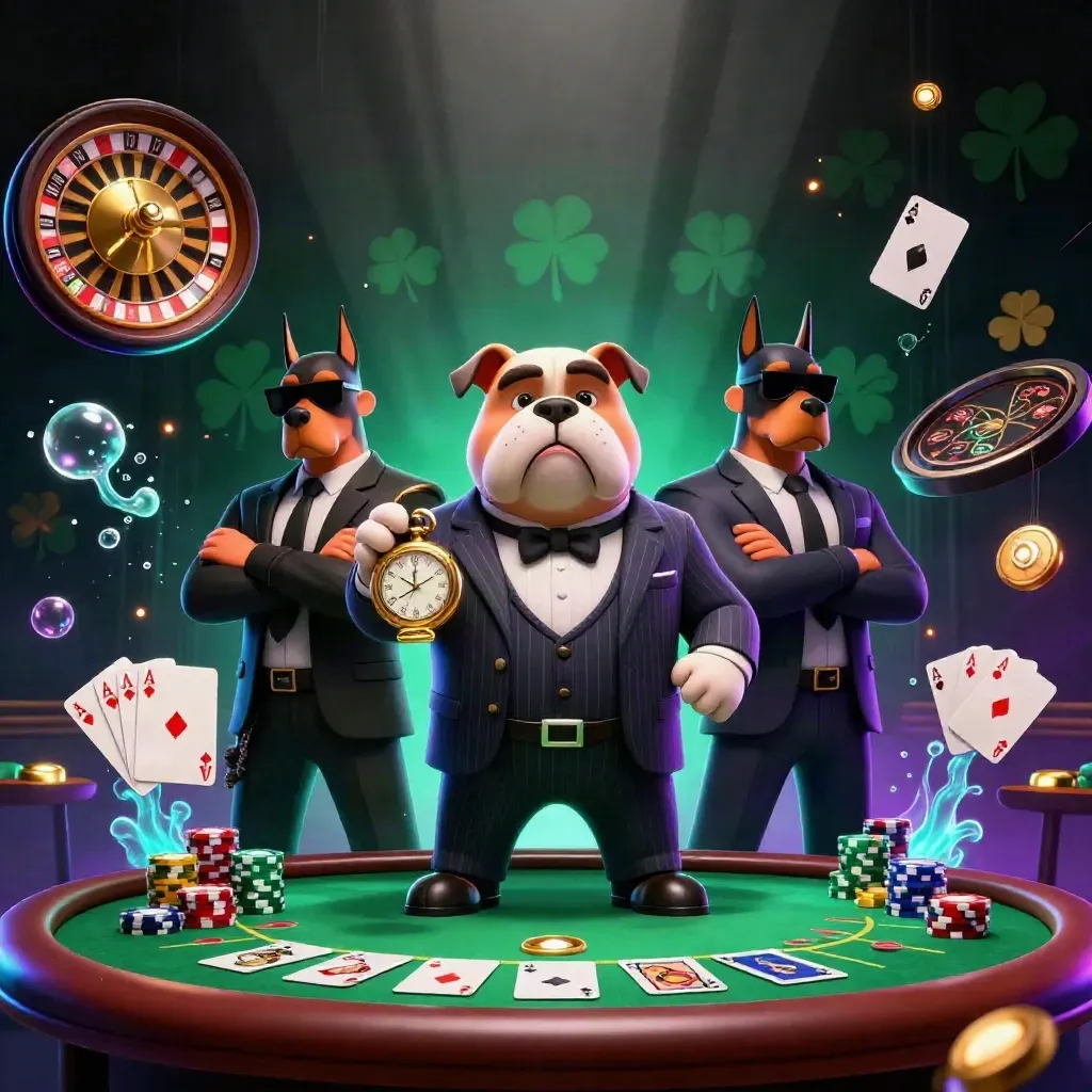 Bulldog mob boss and Dobermans amid casino table chaos, glowing with gold, emerald, cyan, and purple.