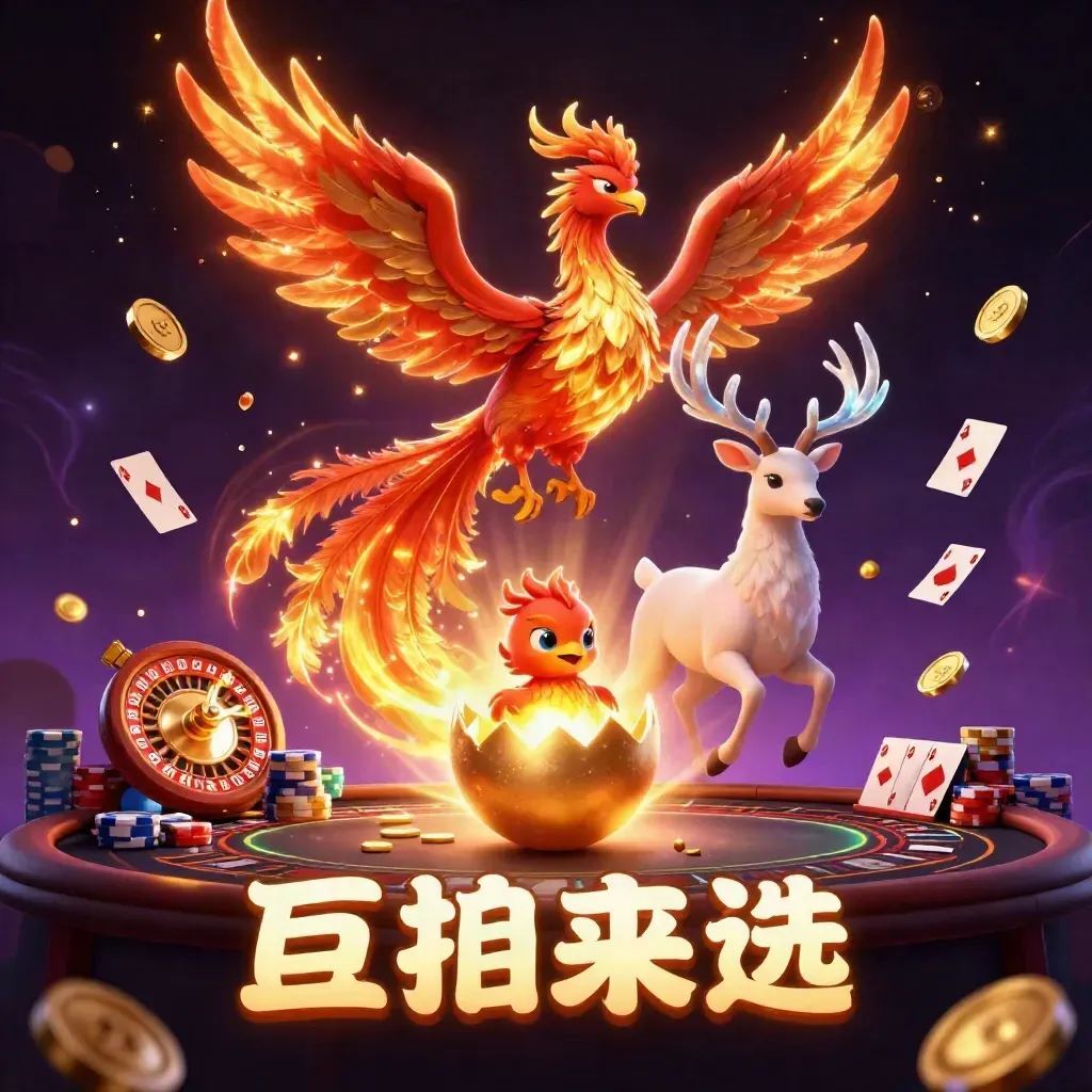 Fire phoenix, crystal stag, and hatching baby phoenix amid casino treasure and glowing cards.
