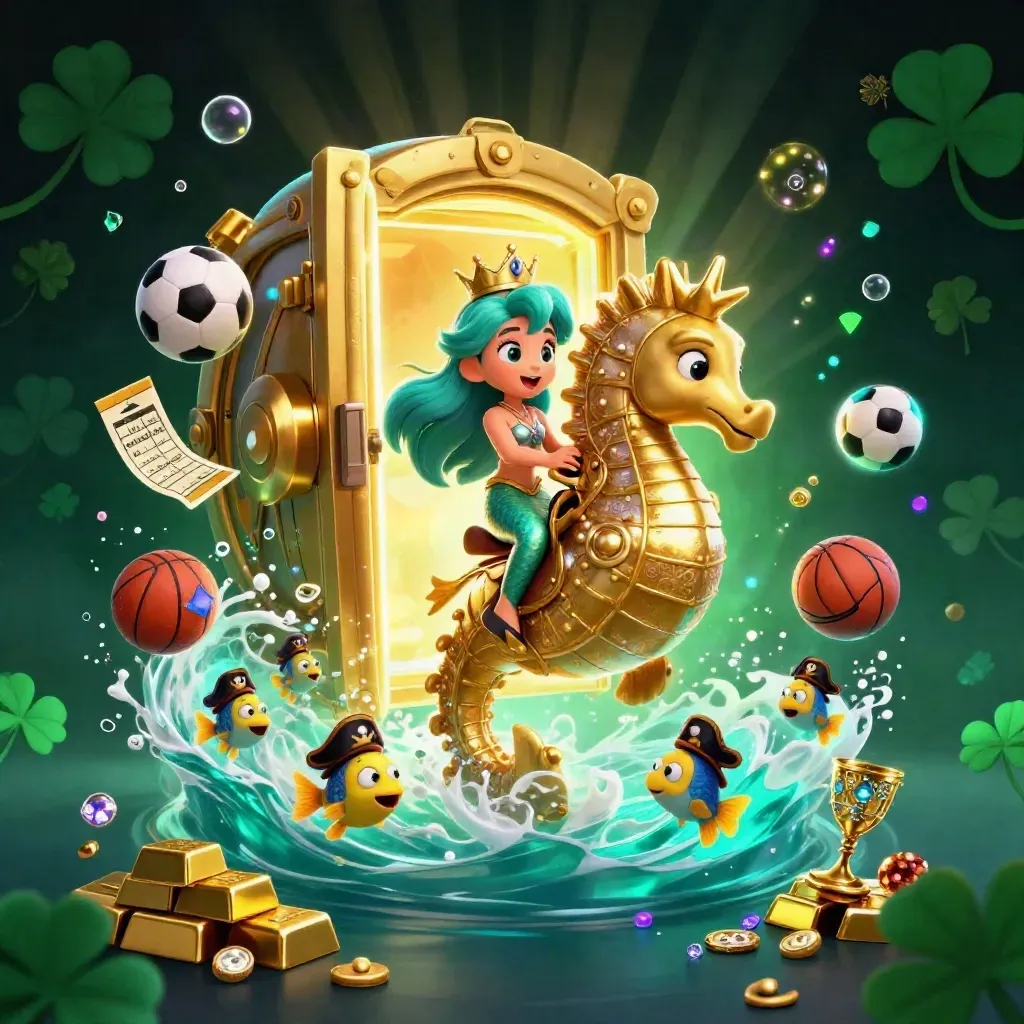 Mermaid princess on a golden seahorse amid gold vault treasure, fish, balls, and casino glow.