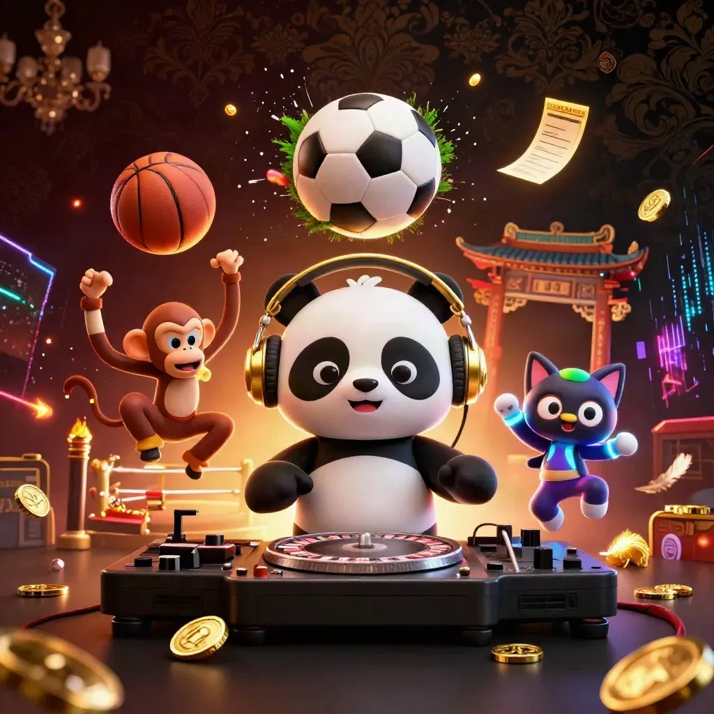 DJ panda, breakdancing monkey, and glow-stick kitten around a frozen soccer ball in luxe casino style