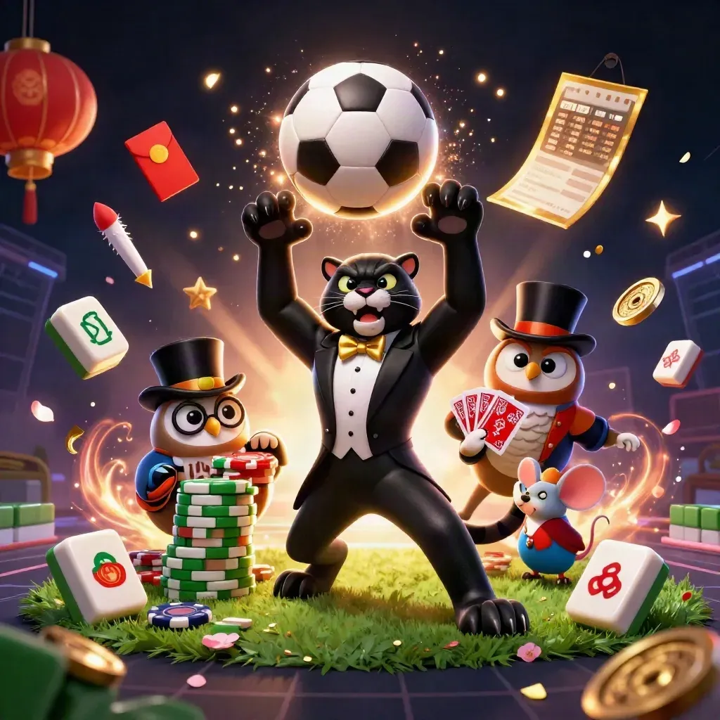 Panther, owl and mouse amid flying chips, cards and sports balls in a luxe neon-black scene