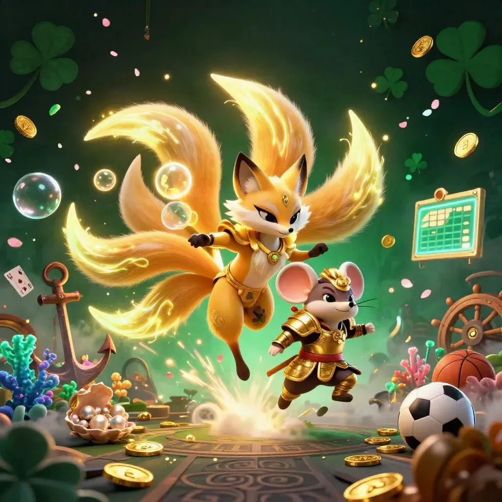 Neon fox spirit and armored mouse amid coin spray, balls, coral, and treasure in an emerald cave.