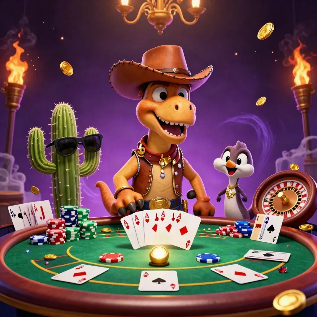 Cowboy T-Rex, cactus, and roadrunner in a neon casino scene with cards, chips, and brass light