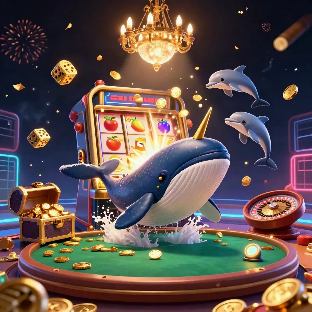 Whale captain, narwhal, and dolphins burst through gold in a luxe casino room.
