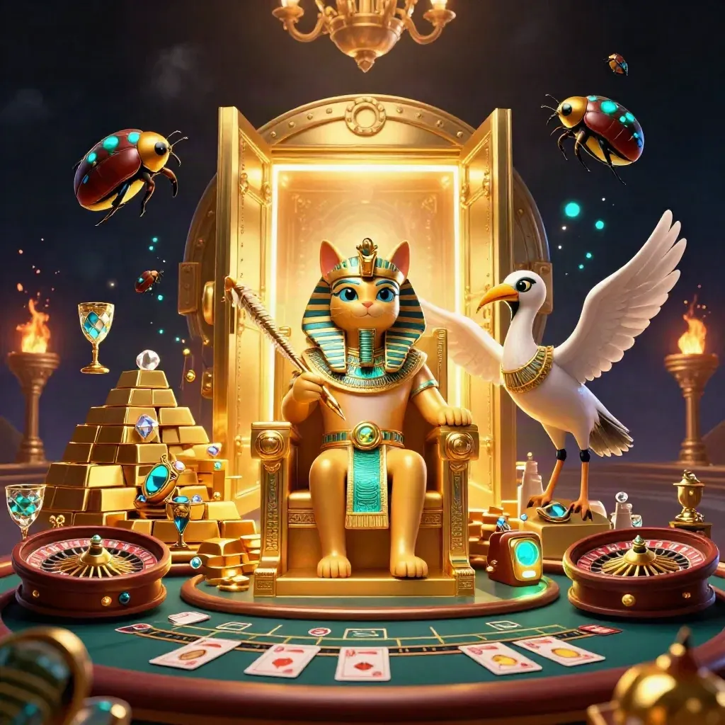 Pharaoh cat, ibis scribe and scarab beetles amid a vault burst, gold and casino glow.