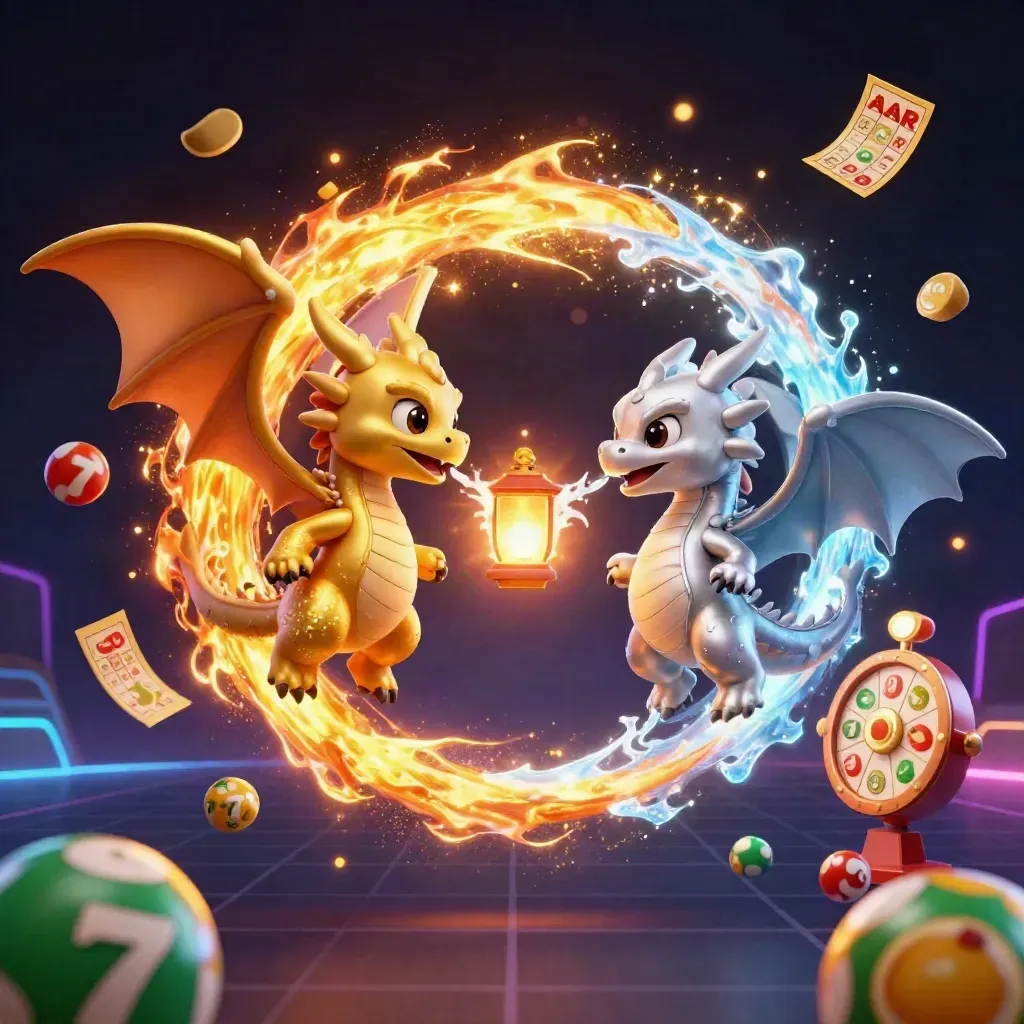 Twin gold and silver dragons spiral amid neon casino bursts with a tiny lantern spirit.