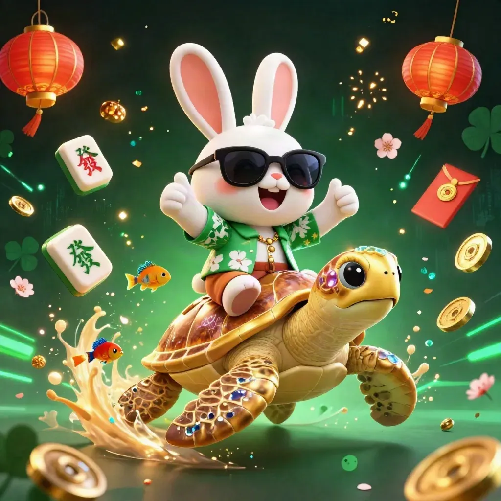 Lucky rabbit rides a jeweled sea turtle amid lanterns, coins, petals and emerald lightning.
